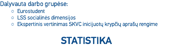 Dalyvauta darbo grupėse: Eurostudent LSS socialinės dimensijos Ekspertinis vertinimas SKVC inicijuotų krypčių aprašų rengime STATISTIKA